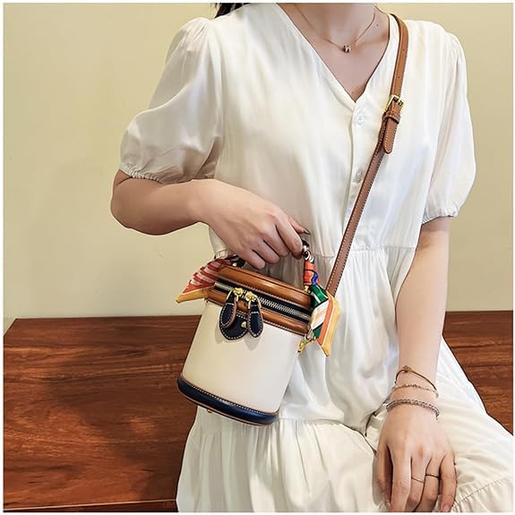 Colorblock Bucket Bag for Women, 2025 New Summer Cylinder Bag, Leather Bucket Crossbody, with Adjustable Strap2