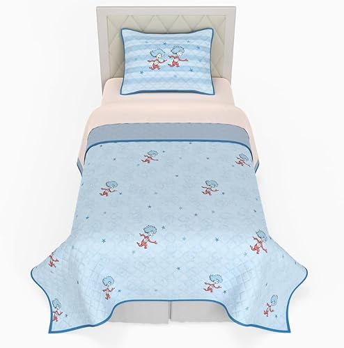 Dr. Seuss Cat in The Hat Thing 1 & Thing 2 - Juego de edredón y funda de almohada, tamaño individual, súper suave y ligero, 68 x 86 pulgadas,