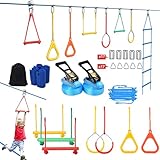 Hapfan 2 X 50ft Slackline Set Kinder mit Seilrolle, Hindernisse Set mit Klettergerüst Kletterstangen Kletterleiter Turnringen Gymnastikringe Baumschutz (Blau)
