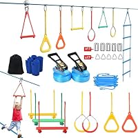 Hapfan 2 X 50ft Slackline Set Kinder mit Seilrolle, Hindernisse Set mit Klettergerüst Kletterstangen Kletterleiter Turnringen Gymnastikringe Baumschutz (Blau)
