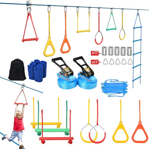 Hapfan 2 X 50ft Slackline Set Kinder mit Seilrolle Hindernisse Set mit Klettergerüst Kletterstangen Kletterleiter Turnringen Gymnastikringe Baumschutz (Blau)