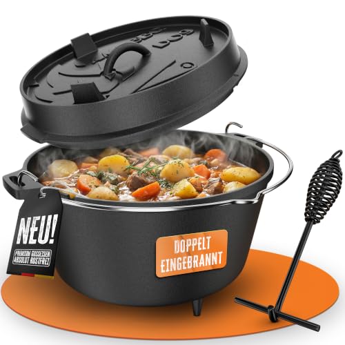 AMZBBQ Premium Dutch Oven Doppelt Eingebrannter Gusseisen Feuertopf Rostbeständiger Schmortopf für Grill Briketts Lagerfeuer & Outdoor inkl. Deckelheber 9 Liter & Mit Füße