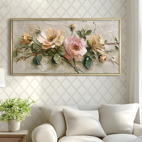 Image of PAPER PLANE DESIGN Big Size Wall Painting for Living Room Floral 2x4 Ft (D) | Long horizontal canvas for the wall above a sofa or bed, framed and ready to hang