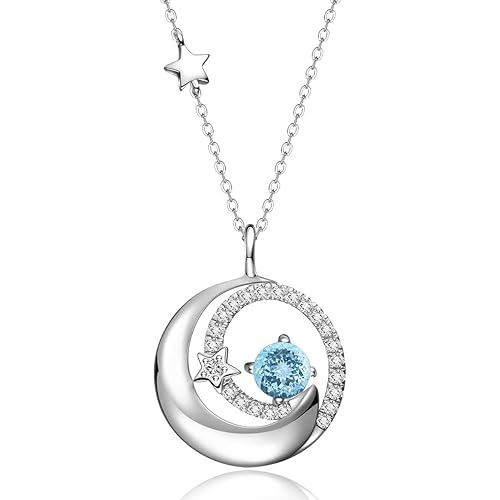 FANCIME Birthstone Necklaces 925 Sterling Silver Moon and Star Pendant Fine Jewelry Birthday Christmas Gifts for Mom Wife Her Daughter, Adjustable Chain 16+2"