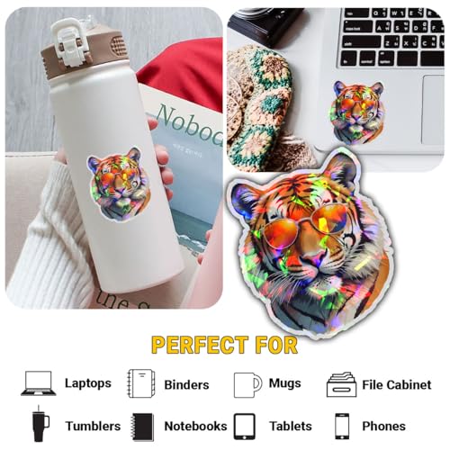 Image of (3Pcs) Cool Tiger Sticker, Tigers Sunglasses Sticker, King Animal Decal, Tiger Face Stickers, Ti-ger Bumper Vinyl Decal - Stickers for Laptop Water Bottle Phone Car Window Helmet (Hologram 3 inch)