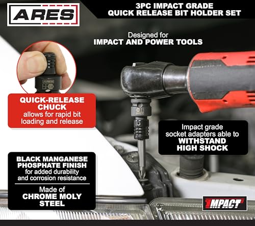 Image of ARES 22035 - 3-Piece Impact Grade Quick Release Bit Holder Set - 1 /4-Inch, 3 /8-Inch, and 1 /2-Inch Drive - Compatible With 1 /4-Inch Hex Shank Bits - Quick Release Mechanism for Rapid Attach and Release