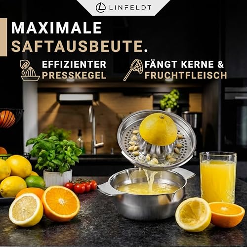 LINFELDT 450ML Zitronenpresse Edelstahl - Orangen & Limetten - Rostfrei & Spülmaschinenfest - fängt Kerne & Fruchtfleisch auf - 16,7B x 13,5H cm 3