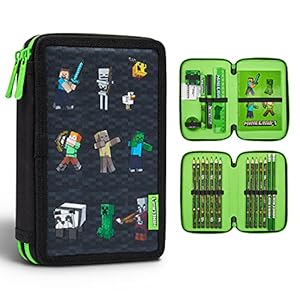 Minecraft Pencil Case, Large Pencil Case 2 Compartment Filled with School Supplies, Minecraft Gifts