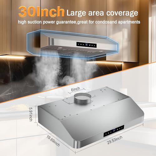 30 Inch Under Cabinet Range Hood 1200CFM, 4-Speed Kitchen Hood with Touch Control & Gesture Sensing Stainless Steel Kitchen Stove Vent Hoods with 2 LED Lights Standard Series