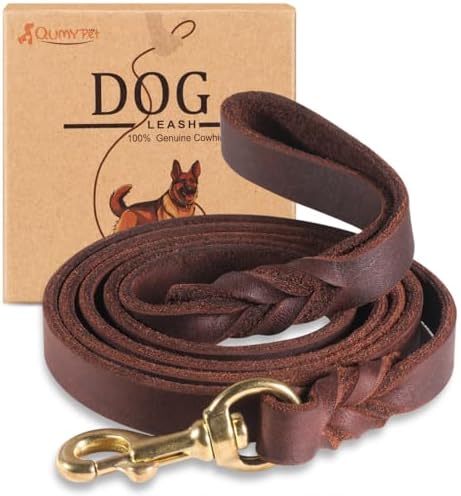 QUMY Leather Dog Leash 4ft, Heavy Duty Dog Training Leashs for La...