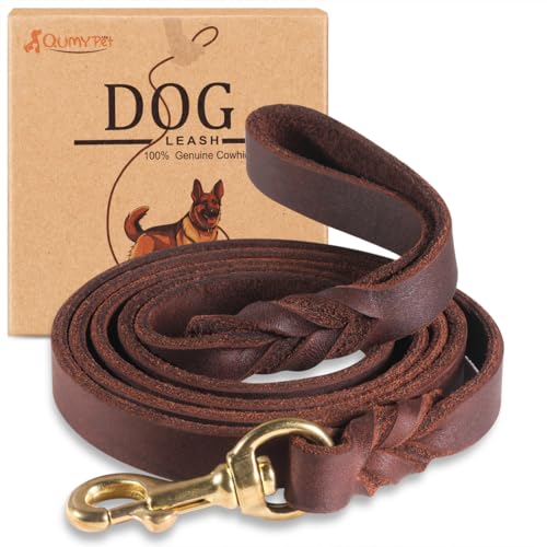 QUMY Leather Dog Leash 4ft, Heavy Duty Dog Training Leashs for Large, Medium and Small Dogs, Soft and Strong Genuine Leather Braided Handmade Long Lead Leash for Dog Training, Brown
