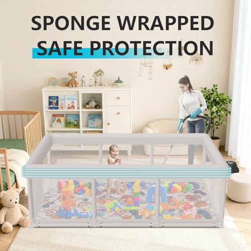 Image of Baby Playpen 74x50 in PlayPen for Babies and Toddlers, Large Play Yards for Indoor & Outdoor with Zipper Gates, Breathable Mesh with Mat
