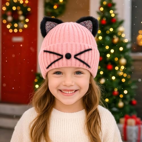 Girls Sequin Cat Ears Hats Cute Winter Beanies Hat for Outdoor Snow Ski Warm Knit Caps (Age 7-15)3
