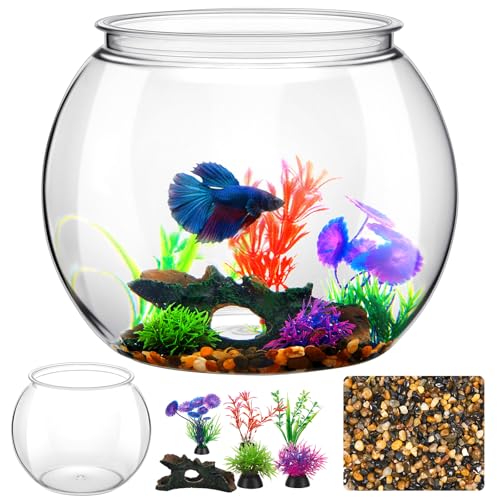 3 Gallon Plastic Betta Fish Bowl with 6 Pcs Artificial Plastic Plants and 500g Decorative Gravel, Betta Fish Tank and Decoration Accessories Small Large Bowl Ornaments Starter Kit