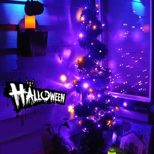 Solar Halloween Lights,39FT 100LED Orange & Purple String Lights,Halloween Solar Lights Outdoor with 8 Modes Waterproof for Bedroom Patio Garden Party Yard Decoration