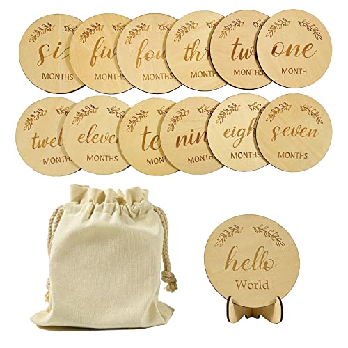 Image of Baby Milestone Cards | 13 Double Sided Wooden Monthly Milestone Discs with Easel Stand | Baby Milestone Markers | Newborn Photography Props | Pregnancy and Baby Shower Gifts for Boys & Girls