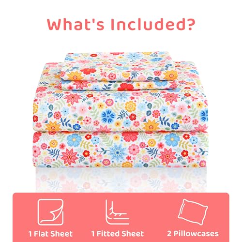 Image of Mooreeke Cozy Floral Microfiber Printed Floral Full Sheet Set - Soft & Breathable Colorful Flower Custers Bed Sheets with Extra Deep Pocket - Non-Slip Fitted Design - Colorful Flower Pattern - Full