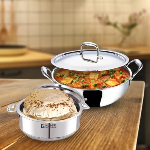 Image of Kuber Industries Stainless Steel Kadhai with lid & Casserole I Tri-ply Kadai Induction Base I Kadai 2.2 litres & Casserole 2 litre Capacity I Extra Deep I Riveted Handles