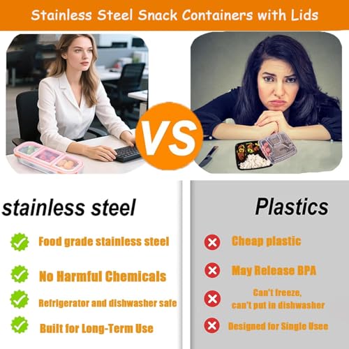Image of Stainless Steel Snackle Box Container - 2 Pack Bento Box for Kids & Adults, 2+3 Compartment Leak-Proof Snack Containers with Lids (2+3 Compartment)