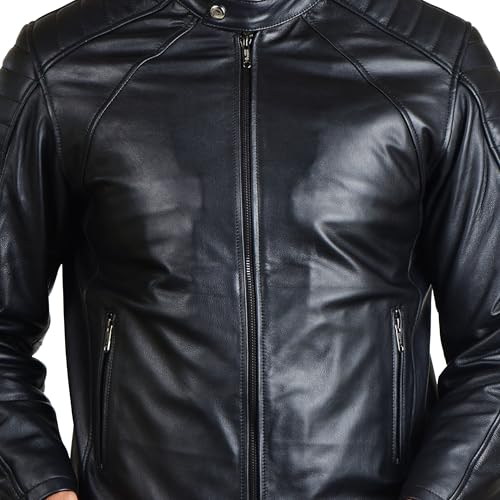 Image of Body Guard Genuine Leather Jacket | Genuine & Pure Leather Jacket | Mens Solid Biker Jacket | Full Sleeve Solid Jacket for Men's Biker Style | 4 Zipped Pockets with zipped Sleeve