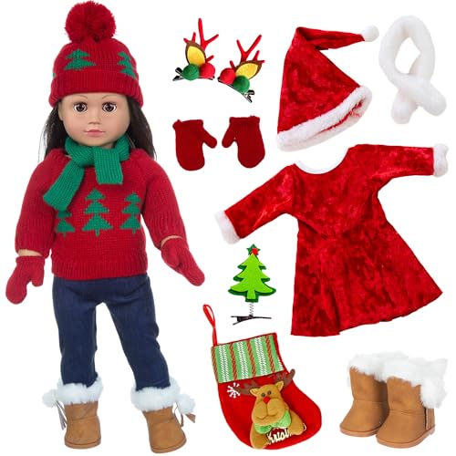 Ebuddy Doll Clothes & Accessories - Christmas Santa Costume Set for 17 & 18 Inch Dolls, Including Xmas Tree Sweater Set
