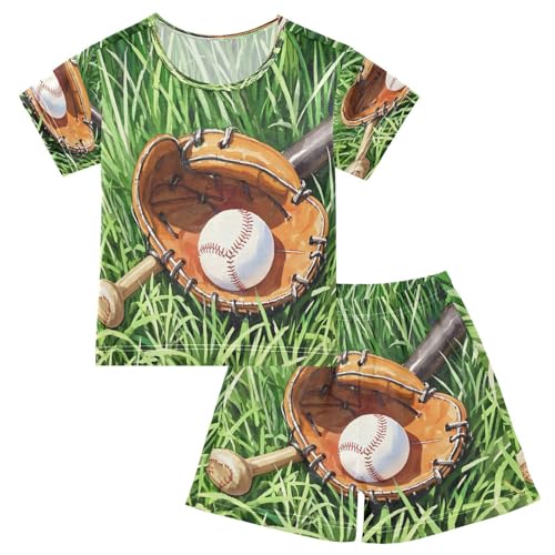 ALAZA Baseball Glove Pajamas Set Short Sleeve Cotton Sleepwear Summer Pjs 2 Piece 5-14Y