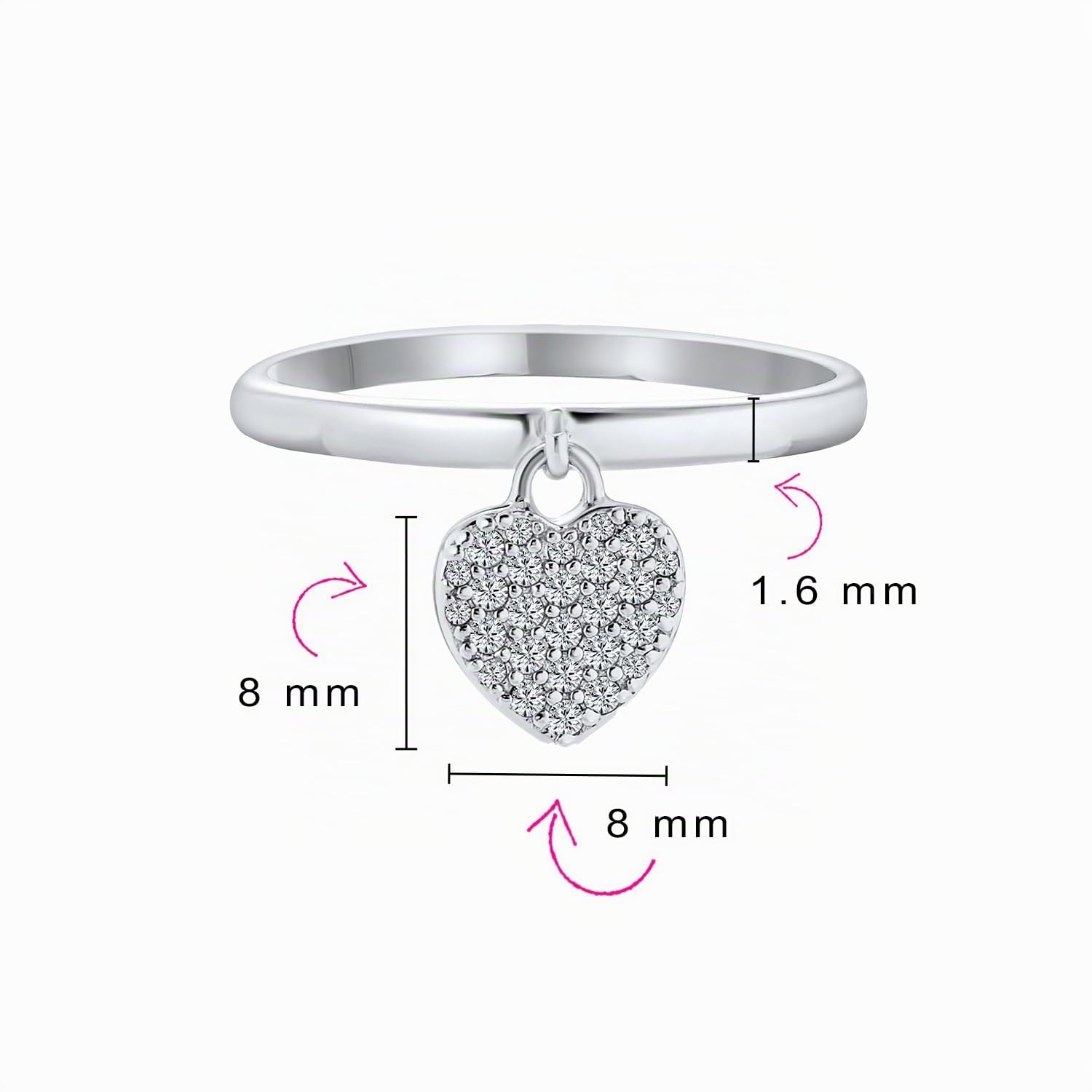 Anello con ciondolo romantico a cuore pavé di CZ per donna fidanzata in argento sterling .925 lucidato banda 1MM