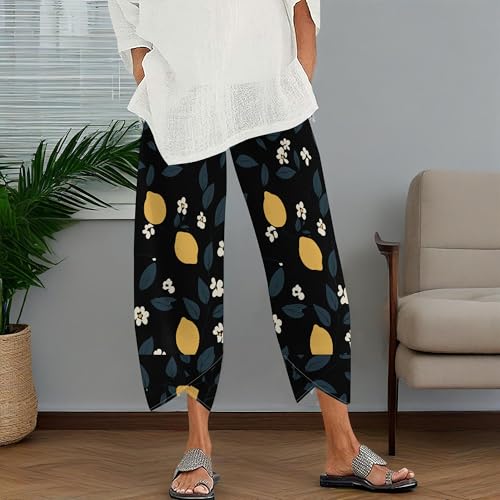 Womens Tropical Capri Pants High Waist Lemon Print Drawstring Summer Beach Cotton Linen Trousers2