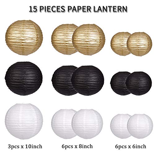 Image of Paper Lanterns Decorative, Party Supplies for Wedding Graduation Anniversary Birthday Party Decorations Black /Gold /White 15pcs