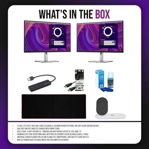 Dell P2723D 27-Inch QHD 1440p LED Backlit LCD Monitor (2-Pack) Bundle with Dual Pad Fast Wireless Charger, 4-Port USB 3.0 Hub, 6-Feet HDMI Cable, Screen Cleaner, and Mouse Pad (7 Items) - Image 8