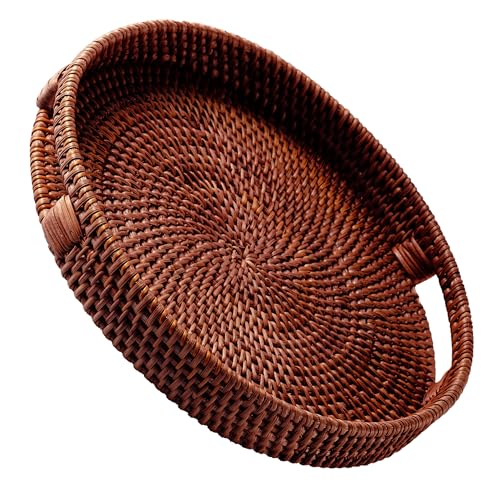 JUNGLE CULTURE Large Rattan Serving Tray &bull; Round Table Basket &bull; Wicker Ottoman Trays with...