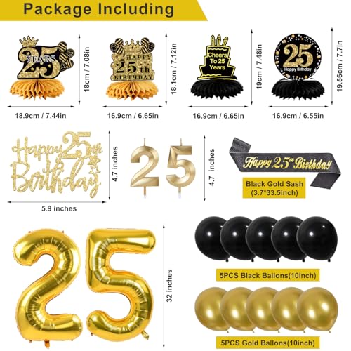 Image of 25th Birthday Decorations for Men, Black Gold 25th Party Decoration Kits | 27pcs Happy 25th Birthday Set, Banner, Honeycomb, Balloons, Gold Number, Candle, Hanging Swirls, Cake Topper, Party Supplies