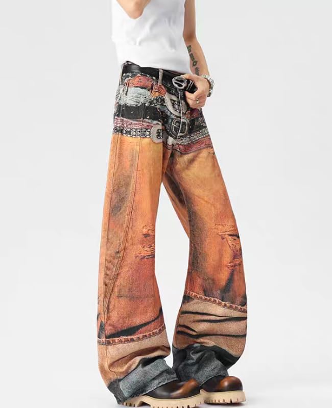 Y2k Unisex Vintage 3D Colorful Oil Multi Belt Print Baggy Jeans Hiphop Punk Grunge Ripped Loose Fit Casual Denim Pants3