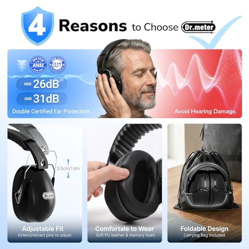 Image of Dr.meter Hearing Protection Ear Muffs, 31dB Noise Reduction Safety Earmuffs with Adjustable Headband for Adults Kids Autism Sensory, Ear Muff for Yard Work, Mowing or Hunting -Pure Black 2PACK