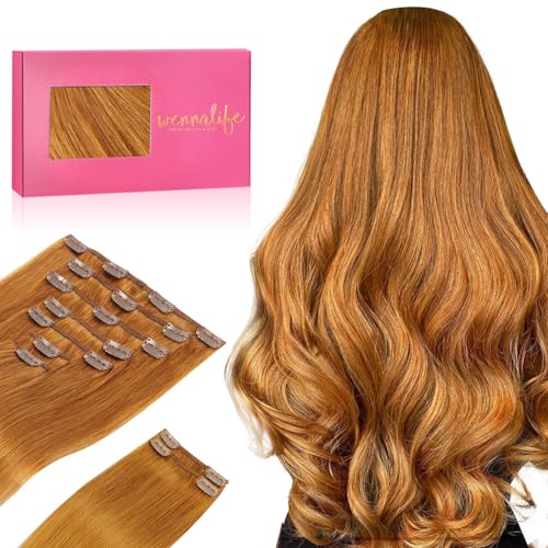 WENNALIFE Real Human Hair Extensions, 14 Inch 150g 9pcs, Auburn Ginger Clip In Remy Human Hair Extensions