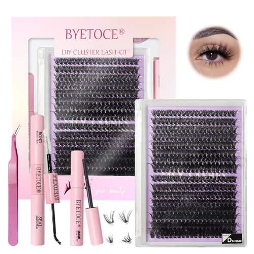 Lash Clusters Kit Wispy 320Pcs Natural Cluster Eyelash Extension Kit 9-16MM 50D 60D C Curl Fluffy Wispy Lash Clusters Diy Lash Extension Kit with Lash Bond and Seal Black 50D+60D