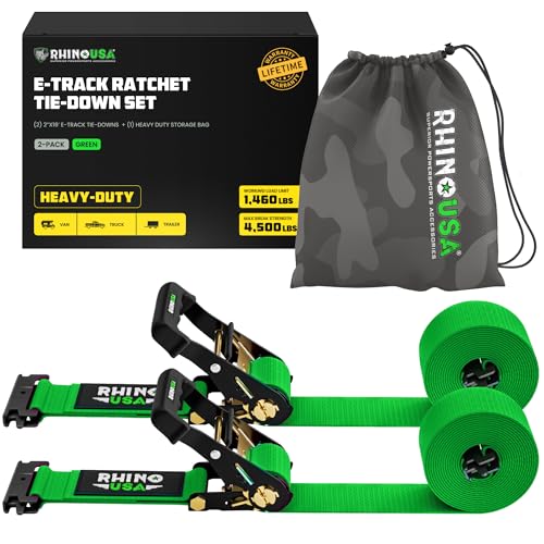 Rhino USA E Track Ratchet Tie Down Straps (4 500lb Break Strength) - Includes (2) Premium 2 x 16 eTrack Tie Downs - Ultimate Heavy Duty eTrack Cargo Strap System for Trailer Truck Motorcycle