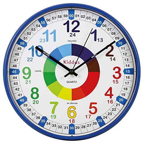 Kiddus Horloge Murale Éducative pour Enfants, Garçon, Fille. Diamètre 30 cm.Time Teacher Analogique avec Exercices. Mécanisme en Quartz Silencieux. Français XL Bleu Cover