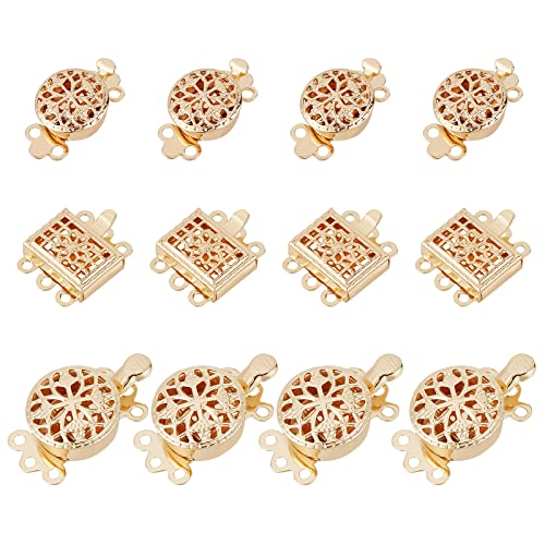 BENECREAT 12pcs 3 fermoirs de Boîte en Filigrane Plaqué Or 18k, 3-Strand 6-Hole Multi Strands Fermoir Serrure Bijoux Superposition Fermoir pour DIY Layered Collier Bracelet Making Cover