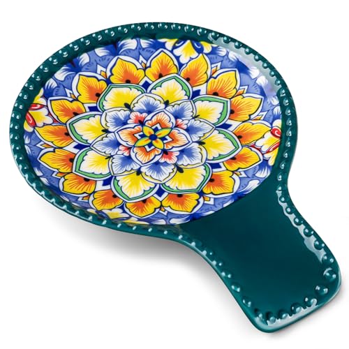 Image of vancasso 7.7 Inch Ceramic Spoon Rest, Bohemian Stove Top, Green | Holds Spoons, Spatulas, Ladles, and Tongs, Bohemian Design, Stove Top and Countertop, Dishwasher and Microwave Safe Ceramic