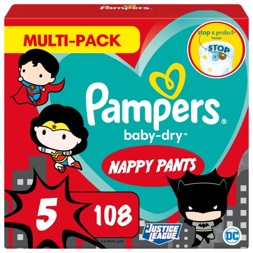 Pampers Couches-Culottes Taille 5 (12-17 kg), Baby-Dry, 108 Couches-Culottes Bébé, Multi Pack, Édition Super-Héros, Maintien 360° pour Éviter les Fuites, Faciles à Changer