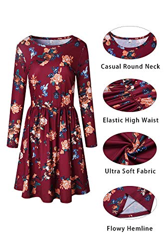 ZESICA Women's Long Sleeve Floral Pockets Casual Swing Pleated T-shirt Dress,Small,Burgundy Burgundy Small