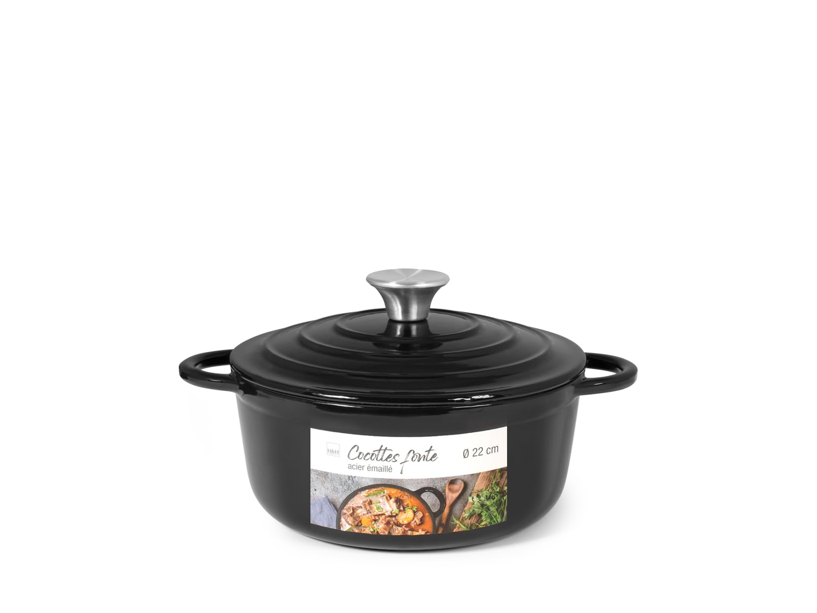 H&H Casseruola in Ghisa Smaltata con Coperchio, 22 cm, Tonda, Nero – Per Induzione e Tutti i Piani Cottura – Distribuzione Uniforme del Calore – 2 Manici – No Lavastoviglie