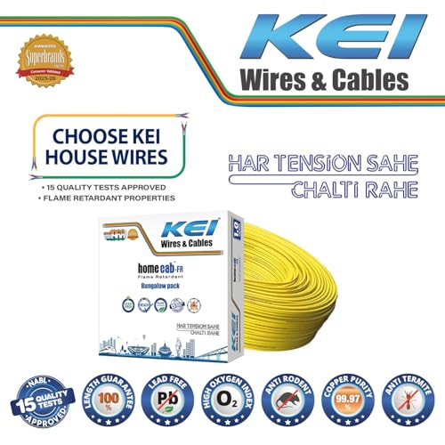 Image of KEI WIRES & CABLES Homecab 1 sqmm 1 Core 99.97% Pure Copper Conductor Flame Retardant House Wire PVC Insulated Cable for Domestic & Industrial Electrical Wiring (Yellow, 180 Meters)