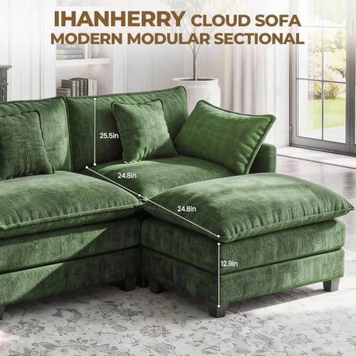 Image of 112 inch L-Shape Modular Sofa with 1 Ottomans, Deep Seat Cloud Convertible Sleeper, 3 Throw 2 Arm Pillows, Comfortable Upholstered Furniture for Living Room Apartment, Green