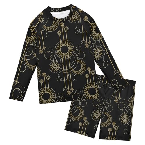 Aflyko Kids' Bathing Suit Set Golden Moon Sun Boho Long Sleeve Swim Tops with Shorts Summer Vacation Pool Party Rashguard Fun Cute Infant Beachwear, 4T