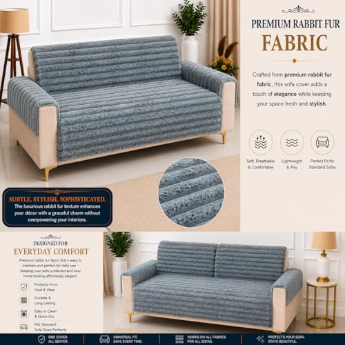 Image of Homerz Premium Rabbit Fur Sofa Cover with Anti-Skid Backing, Soft Plush Fabric Sofa Protector for Living Room Furniture (Grey, 7 (3+2+2) Seater, Seat Cover with Backrest)