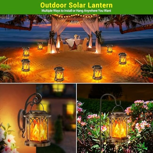 KOOPER 2 Pack Solar Lanterns Outdoor Waterproof, Upgraded Flickering Flame Solar Lantern Lights, Auto On/Off Lanterns Decorative Outdoor, Outdoor Hanging Lantern for Yard Garden Table Decor (Bronze )
