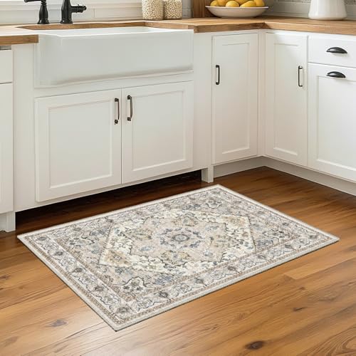 Tapete Boho Beige Antideslizante Lavable 2x3 pies miniatura 5