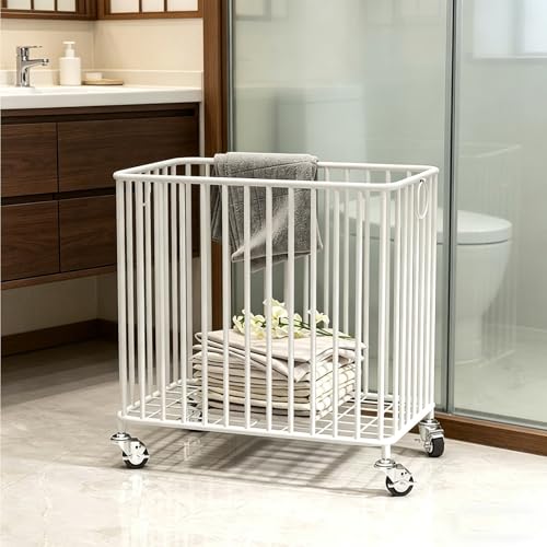 Cesta de lavandería de metal con ruedas, organizador de lavandería con anillo de tracción, diseño hueco, cesta de ropa sucia para dormitorio, balcón, baño, sala de estar (negro, 50 cm)